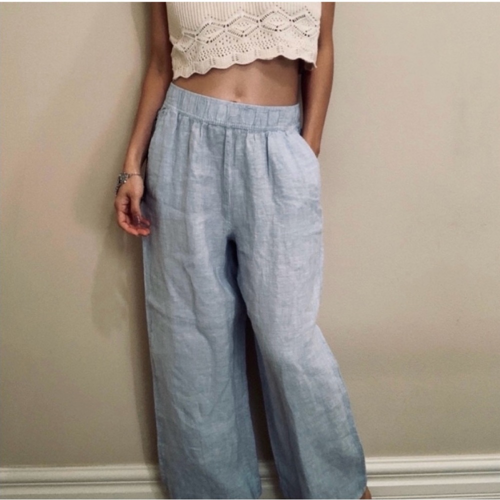 Tahari 100% Linen Pull on Light Blue Pants  size L  Cruise Beach Summer natural